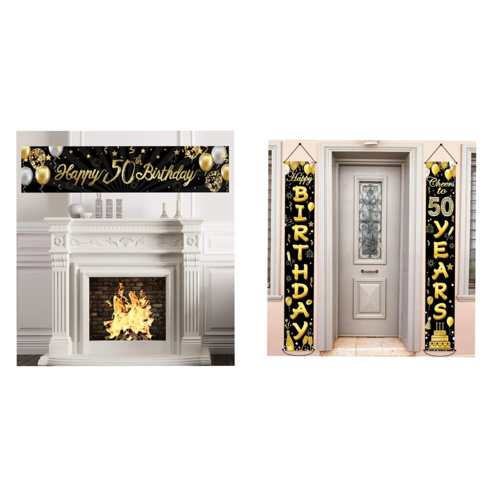 50th Birthday Banners In Stylish Black and Gold - BOTH VERSIONS INCLUDED